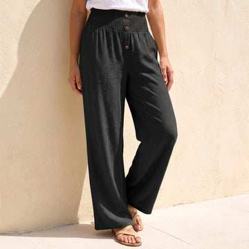 Wide Leg Pants with Shirred Waistband and Button Detail