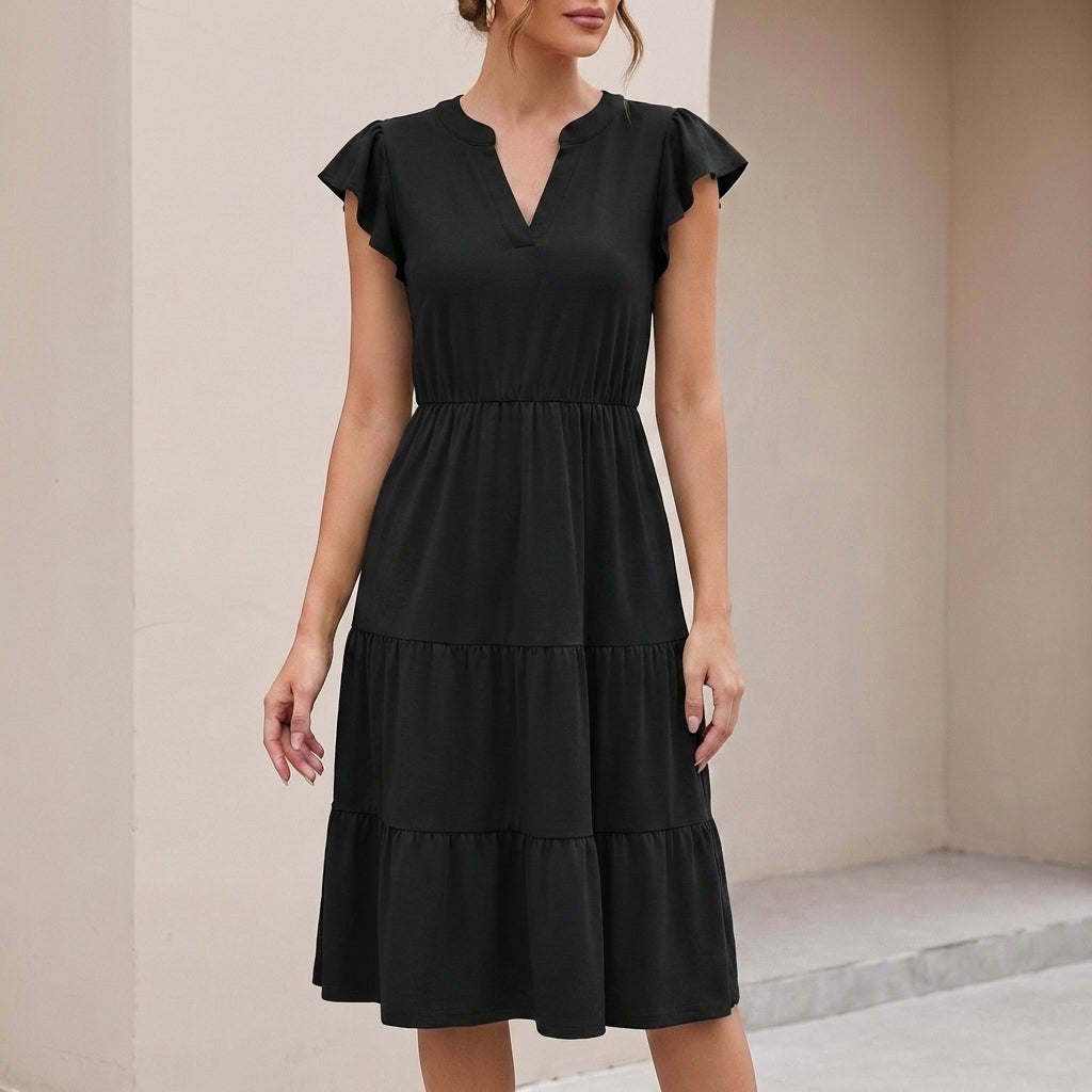 Flowing Tiered Knit Midi Dress with Notched V-Neck and Pockets