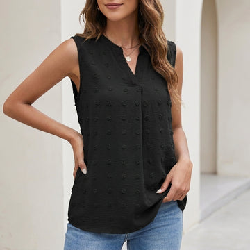 Relaxed Fit Sleeveless Blouse with Textured Dot Pattern and V-Neckline