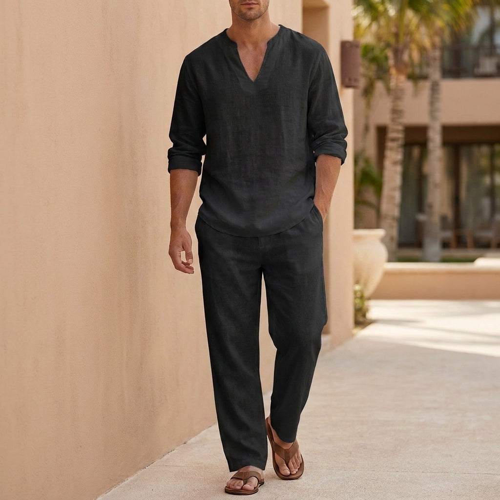 Relaxed V-Neck Shirt and Ankle-Length Pants Set