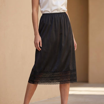 Flowing Midi Underskirt with Delicate Lace Trim and Elastic Waist