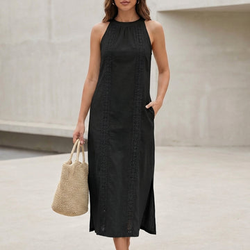 Relaxed Halter Neck Midi Dress with Side Slit and Embroidered Trim