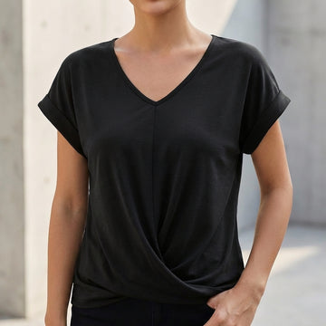 Relaxed V-Neck Knit T-Shirt with Twisted Hem and Cuffed Sleeves