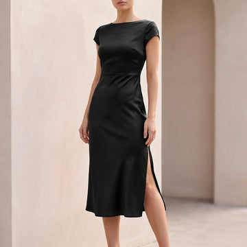 Flowing Slip Midi Dress with Draped Neckline and Side Slit