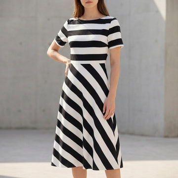 Elegant Fit-and-Flare Maxi Dress with Mixed Stripe Pattern and Pockets