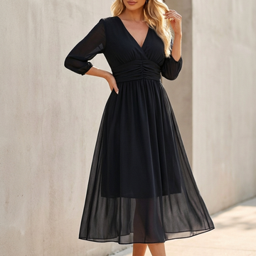 Sophisticated V-Neck Chiffon Midi Dress with Ruched Waist and Puffed Sleeves