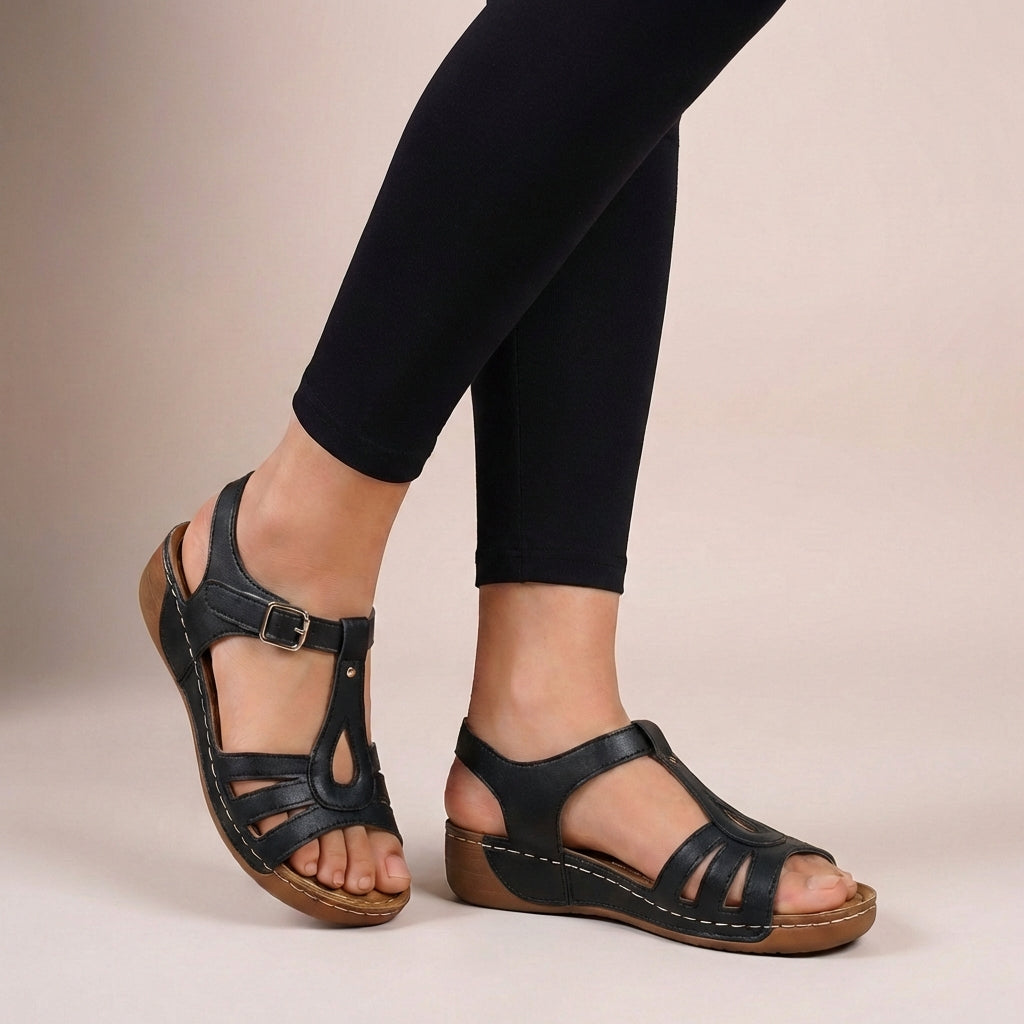 Fitted T-Strap Orthopedic Flat Sandals with Buckle and Wedge Sole
