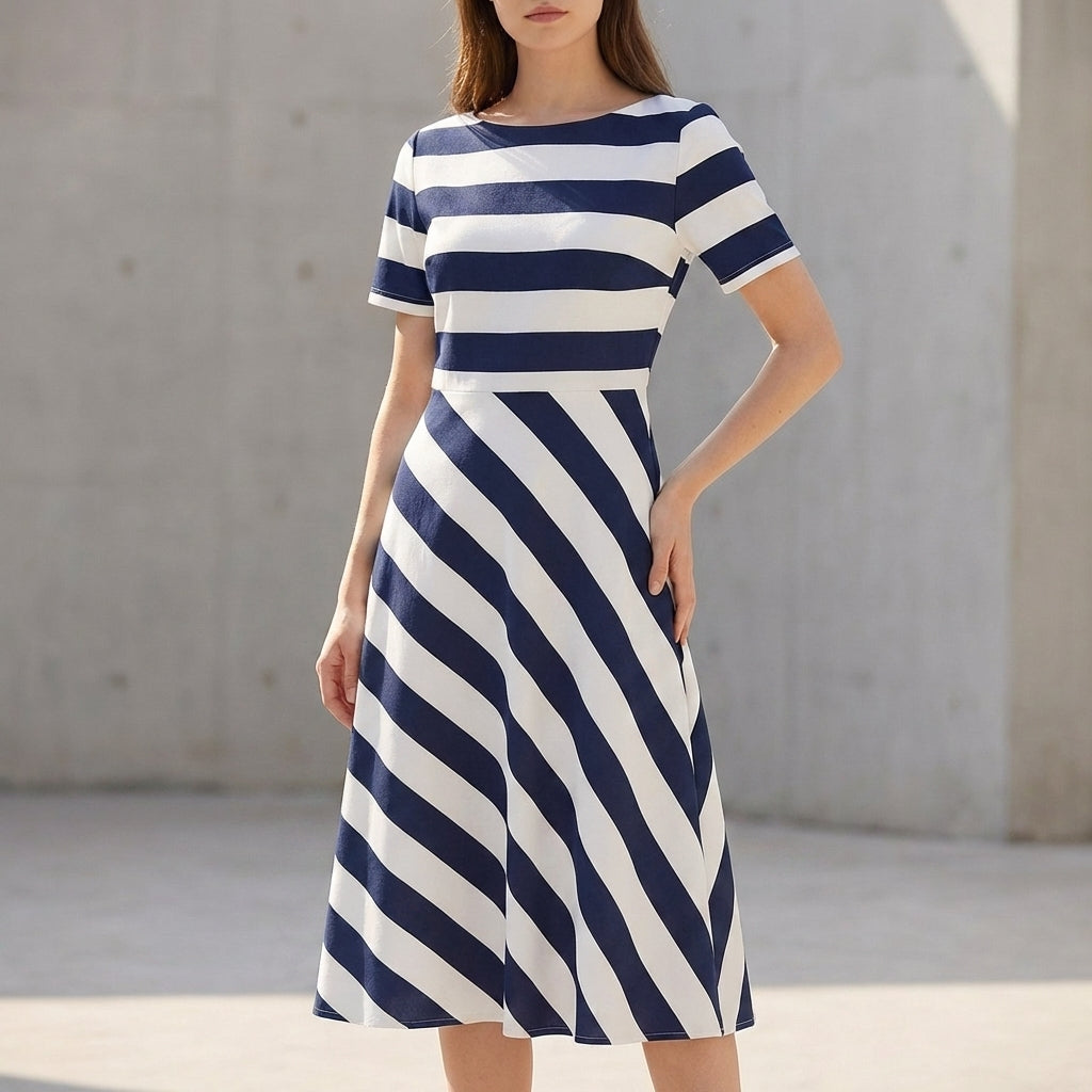 Elegant Fit-and-Flare Maxi Dress with Mixed Stripe Pattern and Pockets