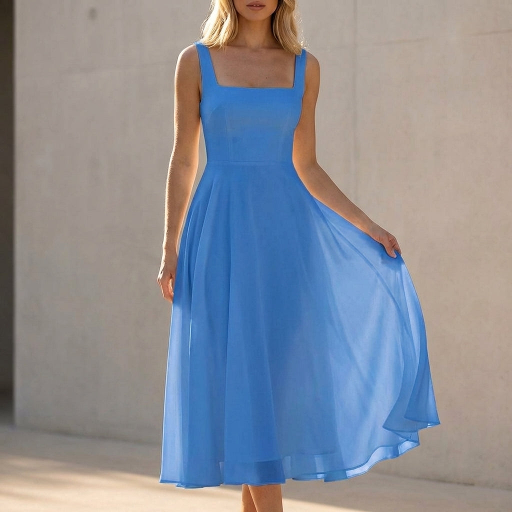 Elegant Sleeveless Chiffon A-Line Midi Dress with Square Neckline