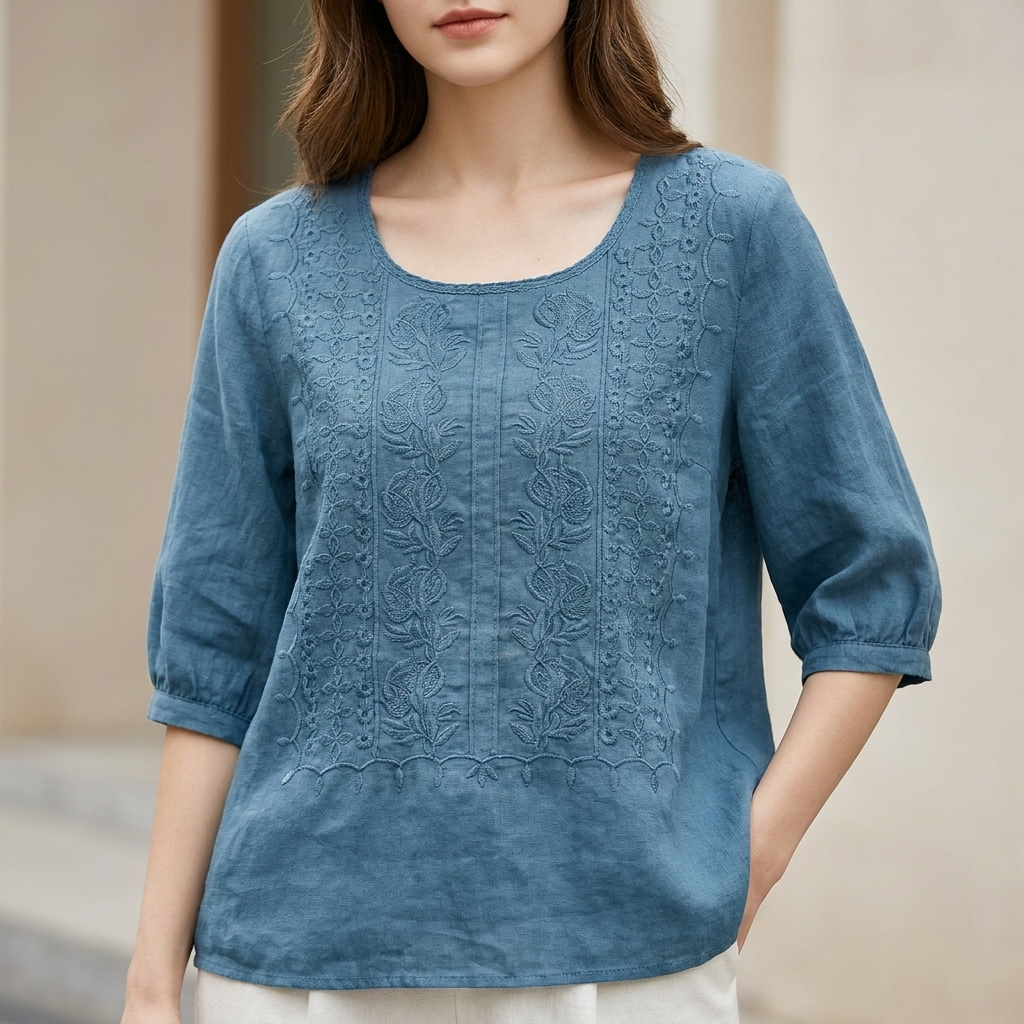 Embroidered Blouse with Gathered Cuffs and High-Low Hem
