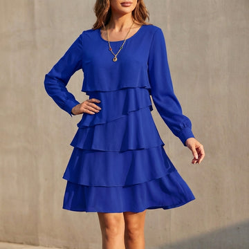 Flowing Tiered Chiffon Dress with Scoop Neck and Gathered Cuffs
