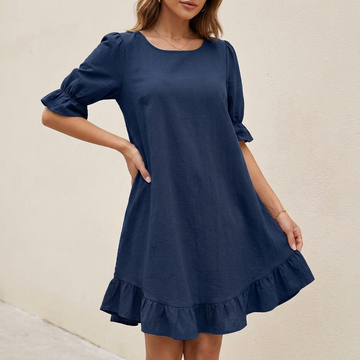Relaxed Mini Dress with Puff Sleeves and Ruffle Hem