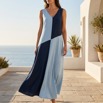 Flowing Sleeveless Maxi Dress with Asymmetrical Color Block Panels