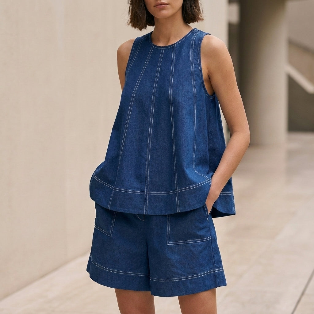 Relaxed Sleeveless Top and Shorts Set with Tailored Stitching