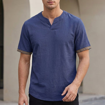 Men’s Relaxed T-Shirt with Notched Collar and Embroidered Cuffs