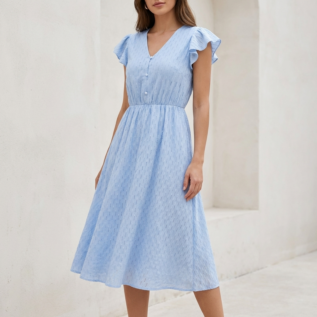 Flowing Midi Dress with Ruffle Sleeves and Gathered Waist