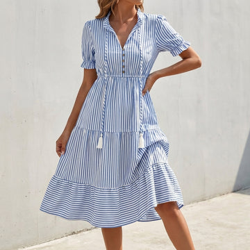 Flowing Tiered Midi Dress with Puff Sleeves and Button Front