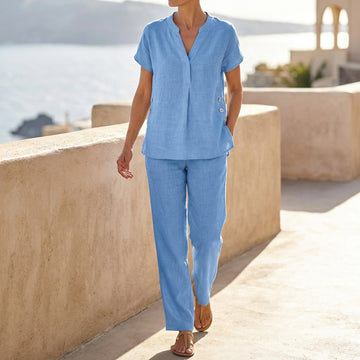 Two-Piece Relaxed V-Neck Set with Ankle-Length Trousers