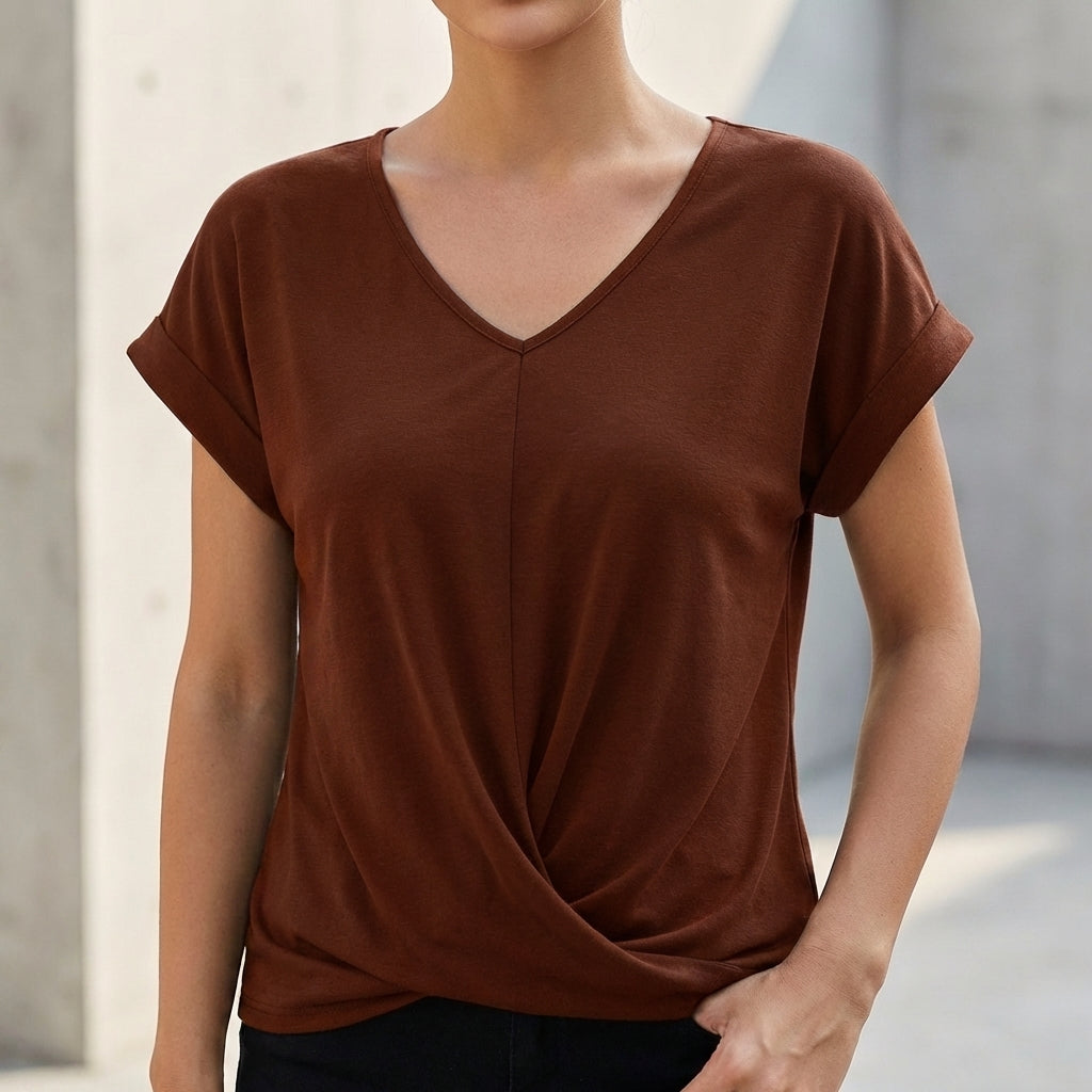 Relaxed V-Neck Knit T-Shirt with Twisted Hem and Cuffed Sleeves