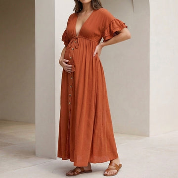 Flowing Maternity Maxi Dress with Empire Waist and Ruffled Sleeves