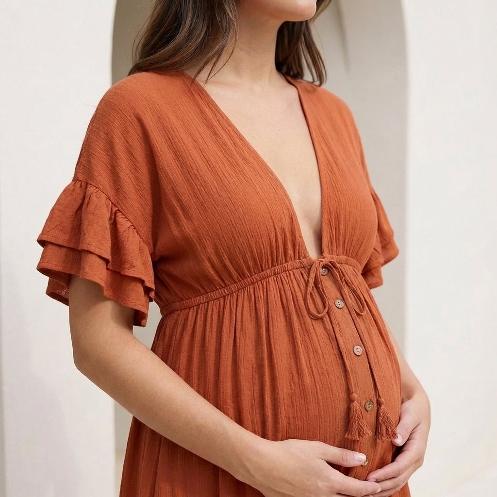 Flowing Maternity Maxi Dress with Empire Waist and Ruffled Sleeves