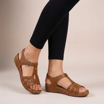Fitted T-Strap Orthopedic Flat Sandals with Buckle and Wedge Sole