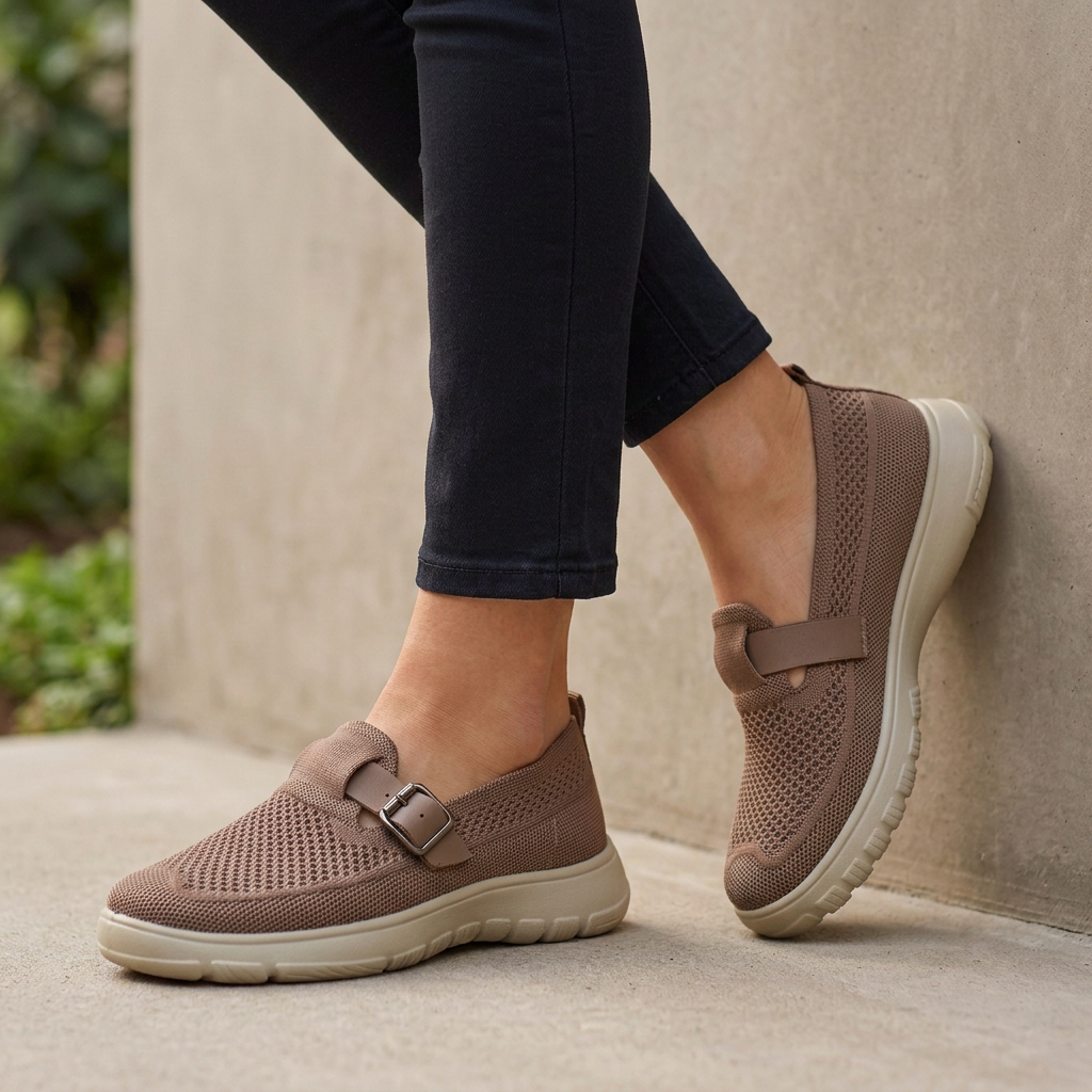 Knit Orthopedic Loafers with Buckle Strap and Textured Sole