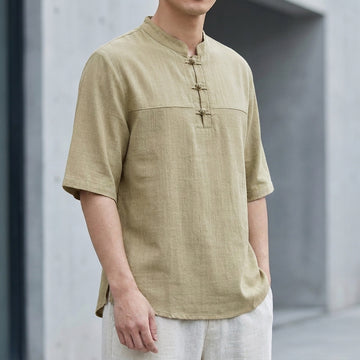 Relaxed Mandarin Collar Shirt with Frog-Button Detailing