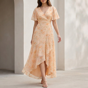 Flowing Chiffon High-Low Wrap Maxi Dress with Ruffled Trim and Pockets