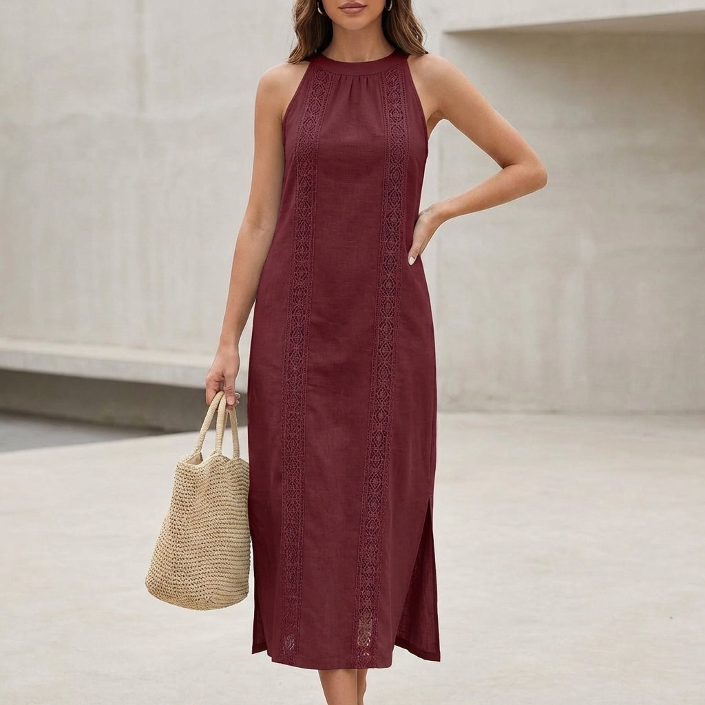 Relaxed Halter Neck Midi Dress with Side Slit and Embroidered Trim