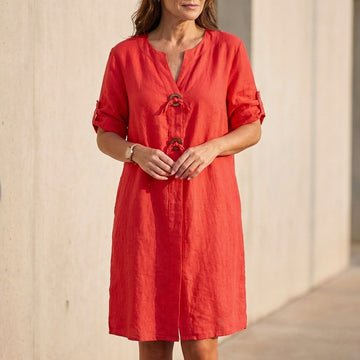 V-Neck Knee-Length Dress with Rolled Sleeve and Tie Front Closure