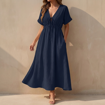 Flowing V-Neck Maxi Dress with Tie-Front and Elasticated Waist