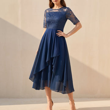 Elegant A-Line Midi Dress with Lace Bodice and Flowing Chiffon Skirt