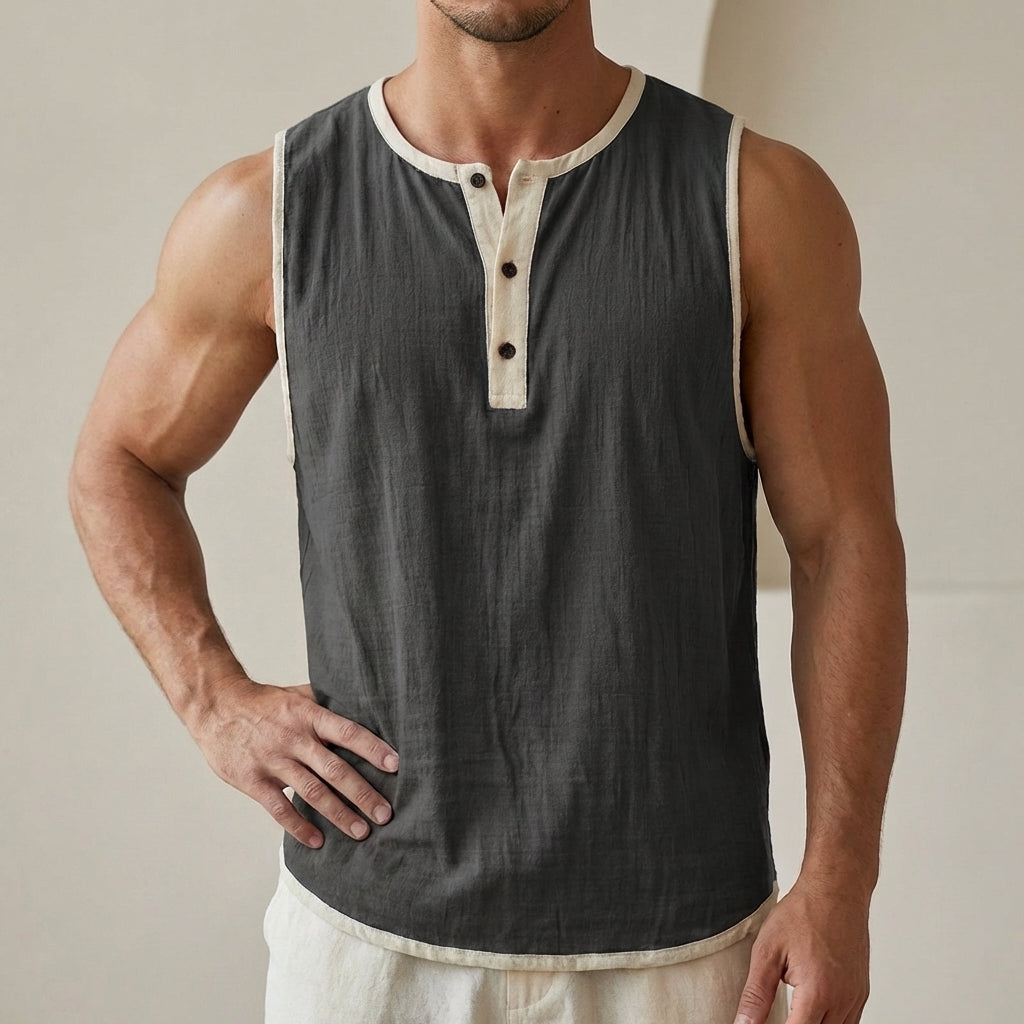 Relaxed Fit Sleeveless Henley Top with Button Placket and Contrast Trim
