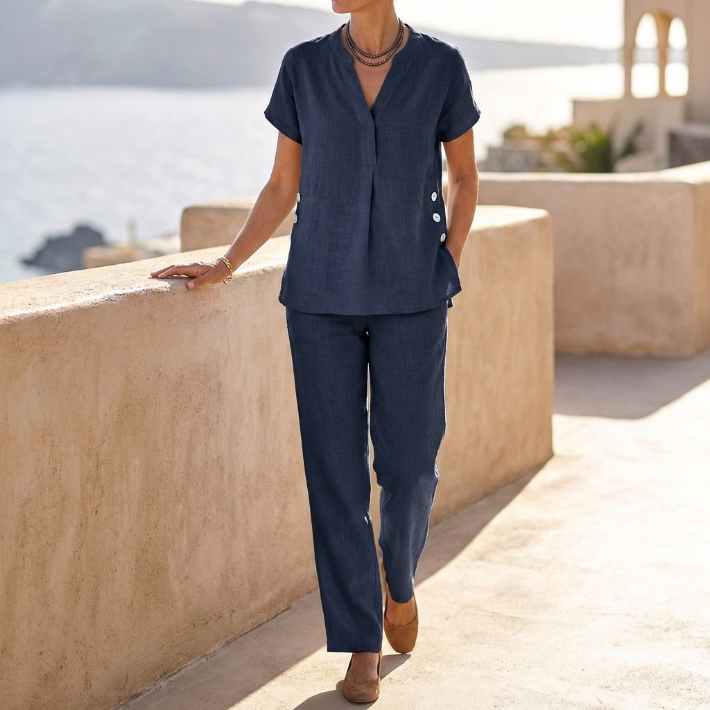Two-Piece Relaxed V-Neck Set with Ankle-Length Trousers