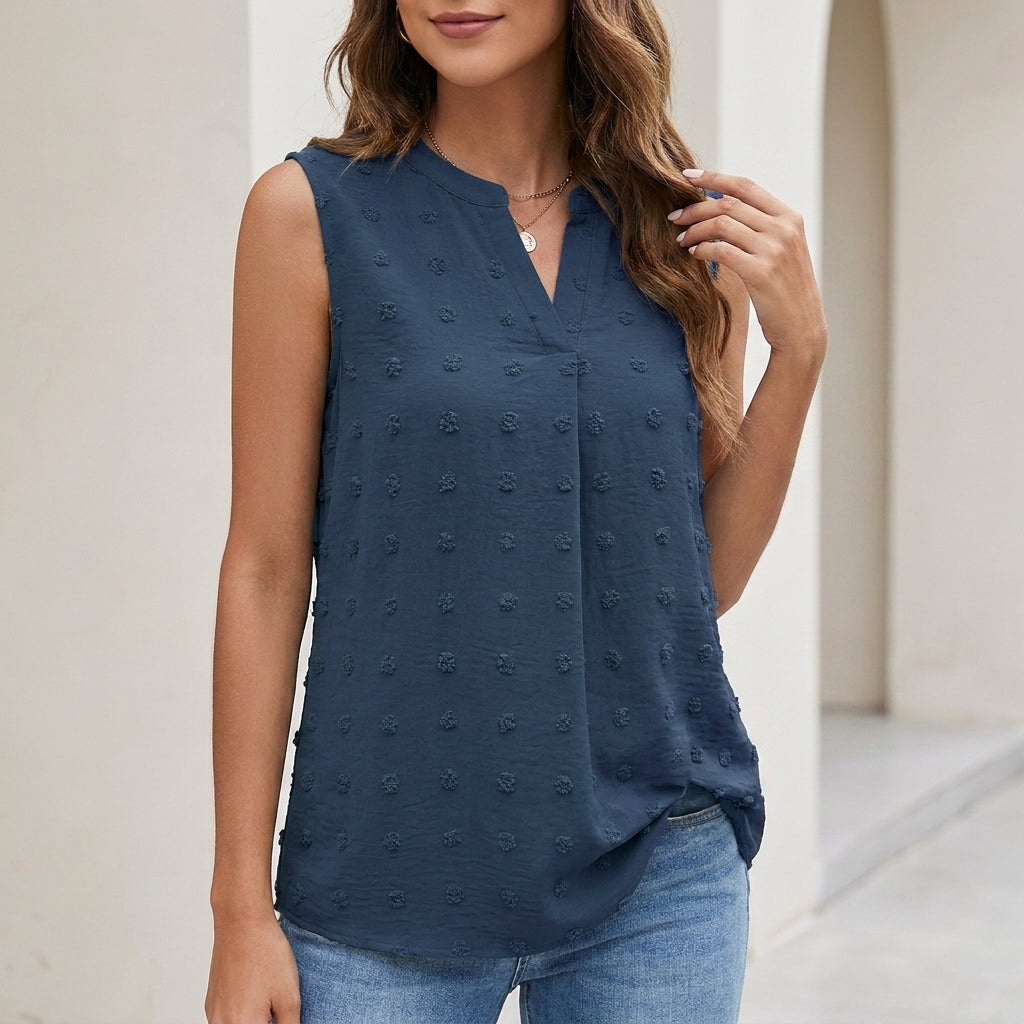 Relaxed Fit Sleeveless Blouse with Textured Dot Pattern and V-Neckline
