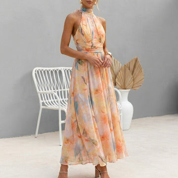 Sandra Halter Neck Chiffon Maxi Dress with Ruched Waist and Pleated Skirt