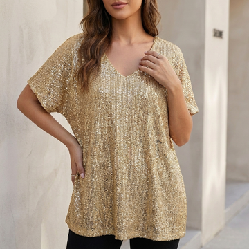 Relaxed Fit Sequined V-Neck Top with Draped Short Sleeves