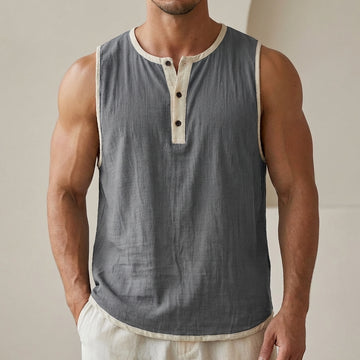 Relaxed Fit Sleeveless Henley Top with Button Placket and Contrast Trim