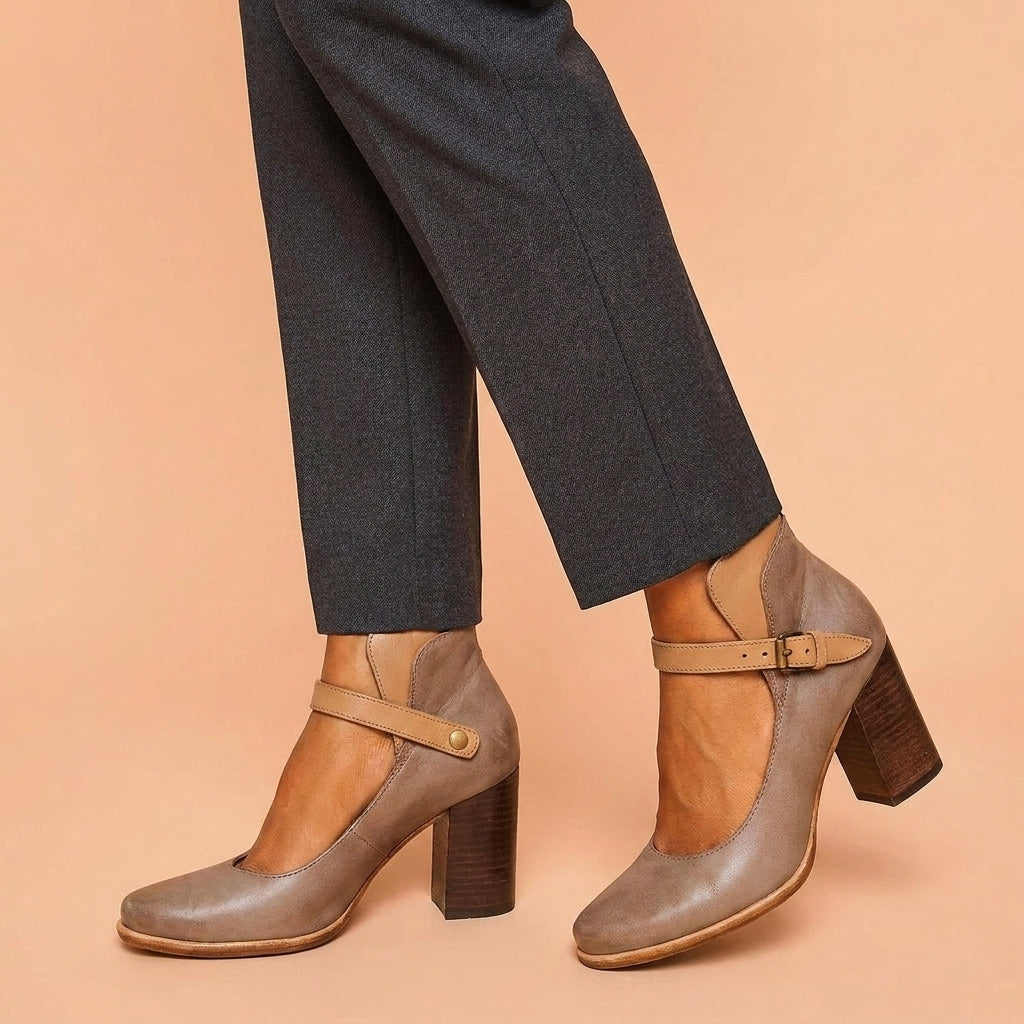 Refined Almond Toe Block Heel Pumps with Ankle Strap