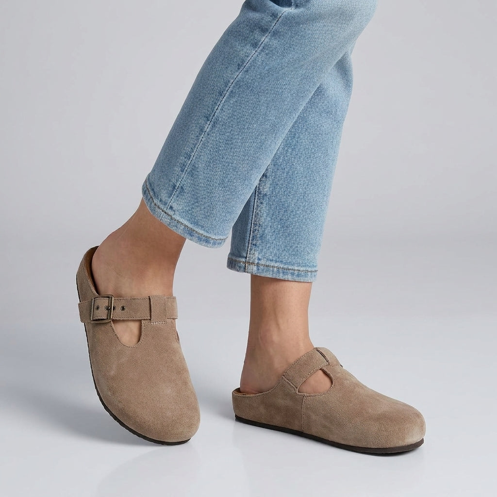 Flat Slip-On Mules with Adjustable Buckle and T-Bar Design