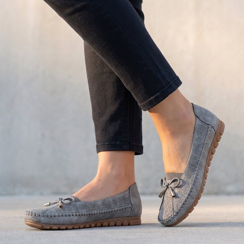 Perforated Loafers with Bow Accent and Flexible Sole