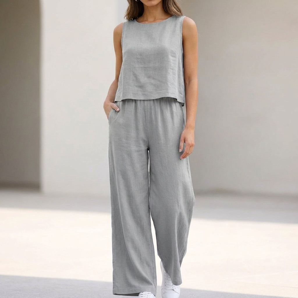Refined Two-Piece Set with Relaxed Silhouette and Raw Hem Detail