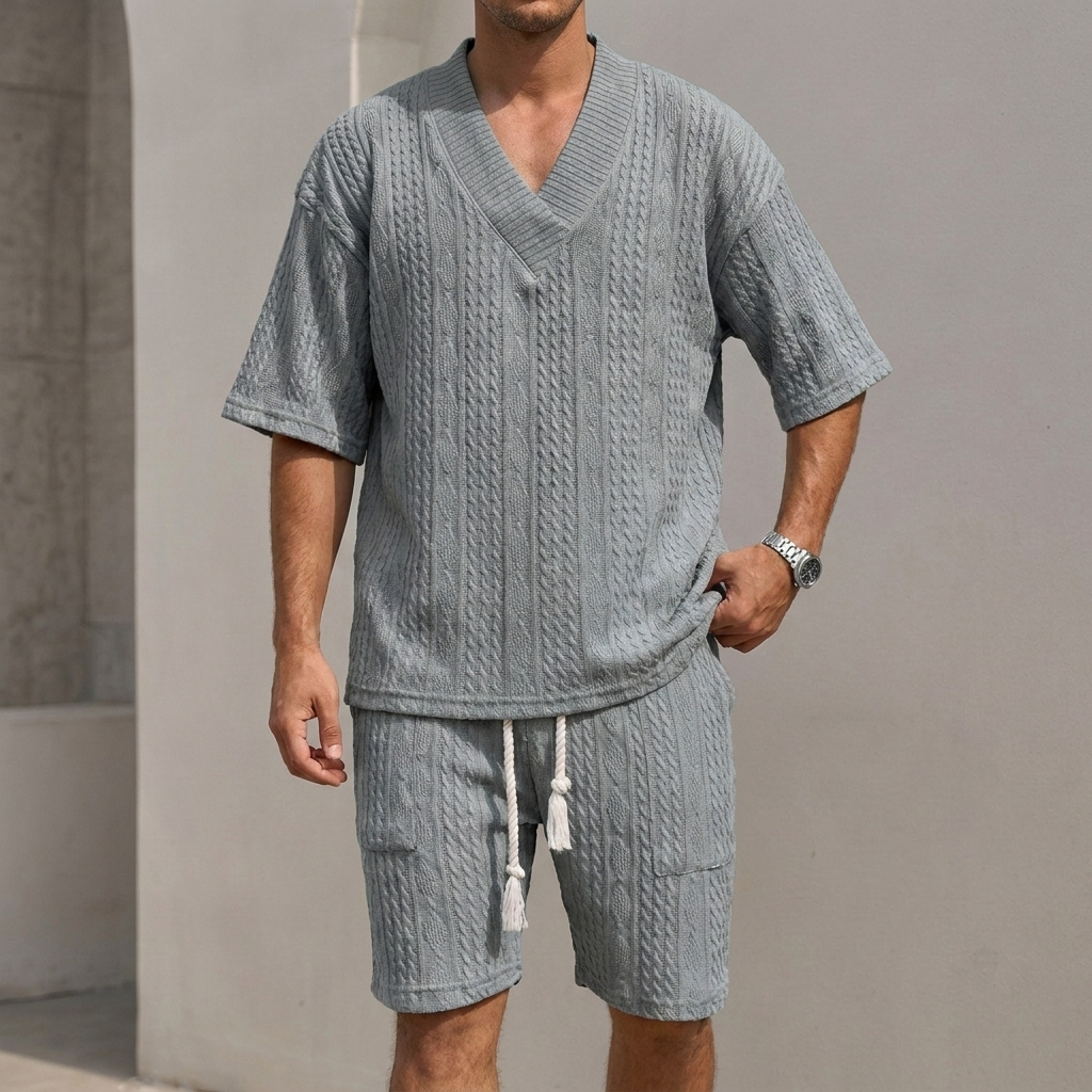 Men’s Relaxed Knit Two-Piece Set with Textured Cable Detailing and Drawstring Shorts