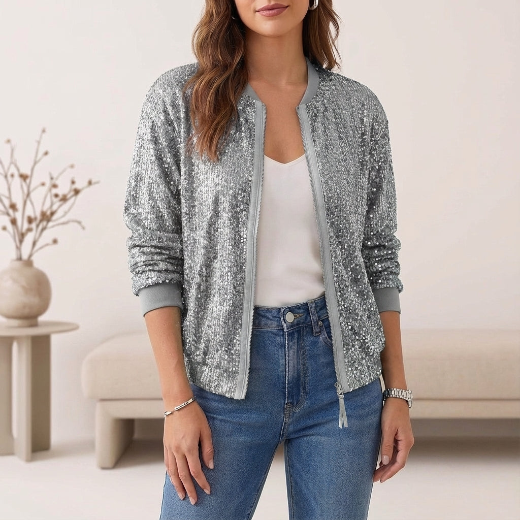 Luxe Shimmer Sequin Zip-Front Statement Bomber Jacket
