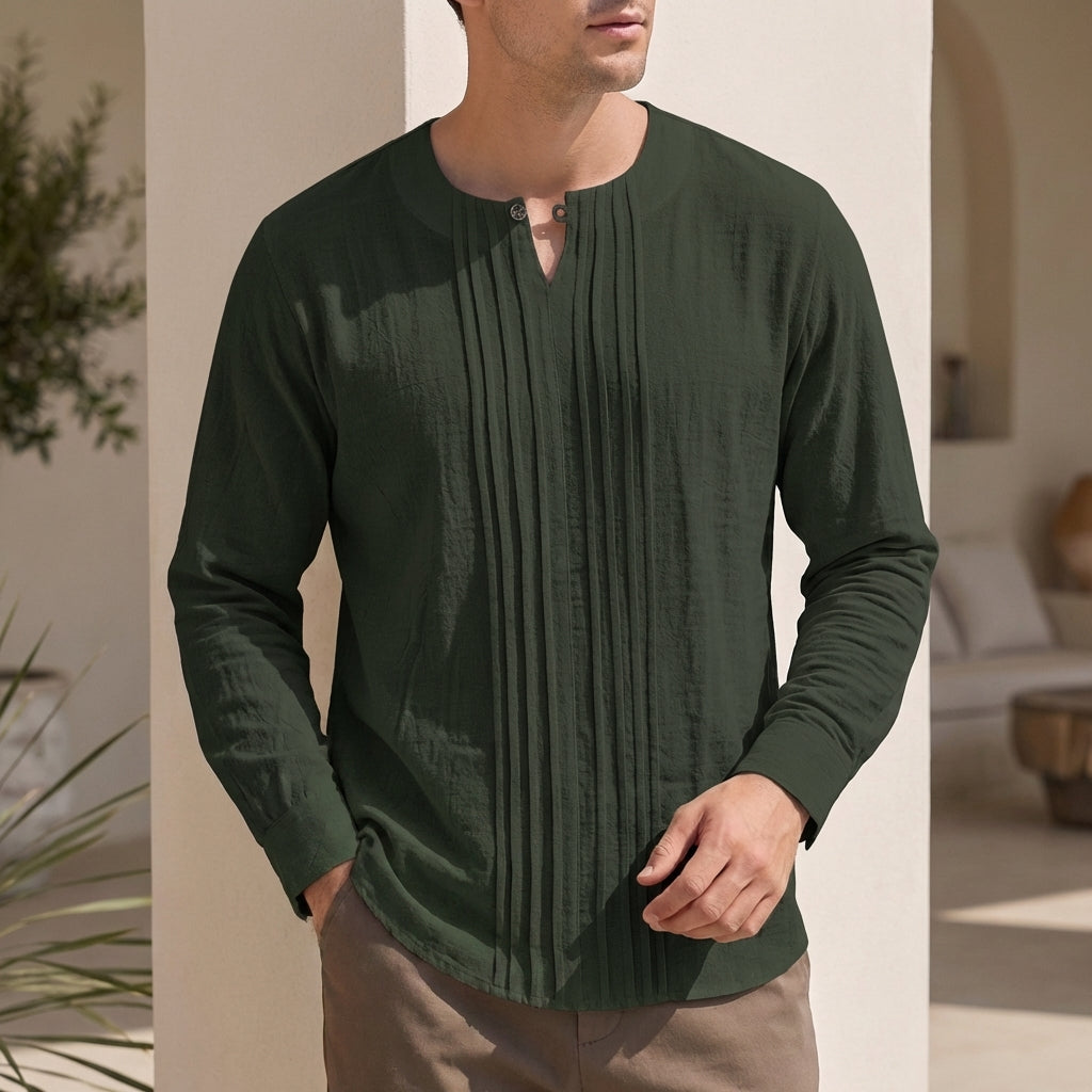 Loose-Fit Long-Sleeve Pullover with Band Collar and Pleated Front