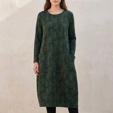 Relaxed Cocoon Silhouette Midi Dress with Textured Leaf Pattern and Pockets