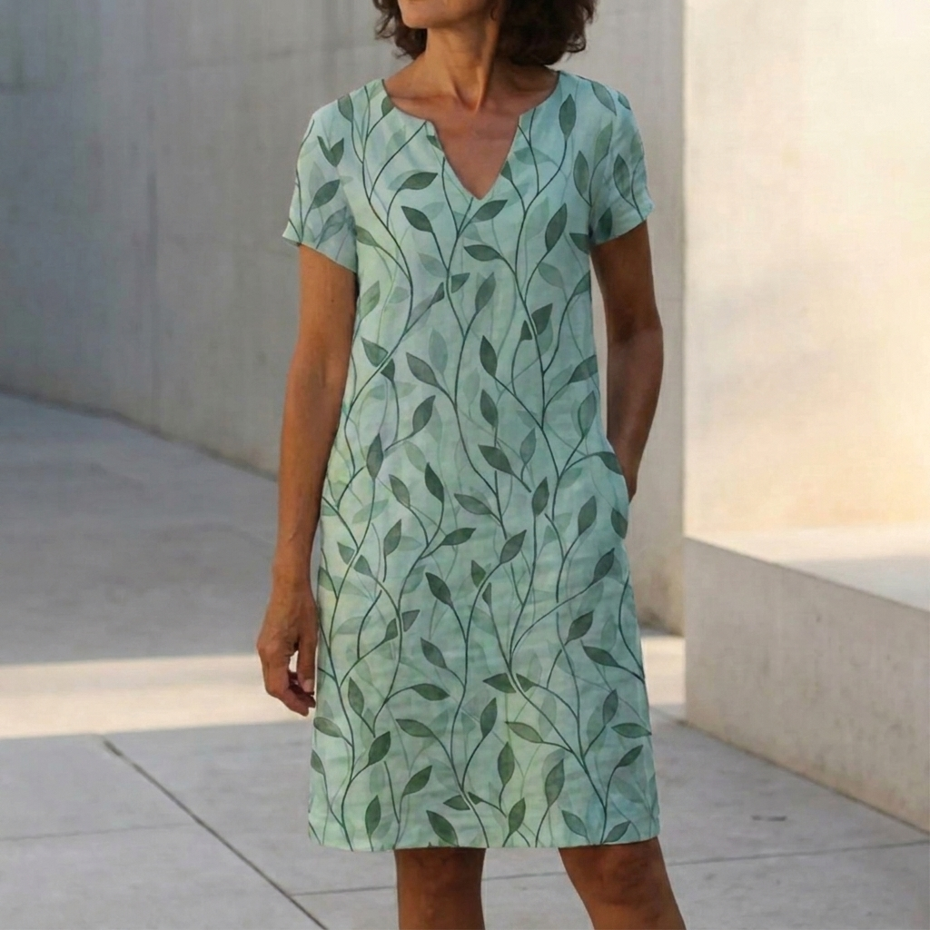 Effortless V-Neck A-Line Dress with Artistic Print and Pockets