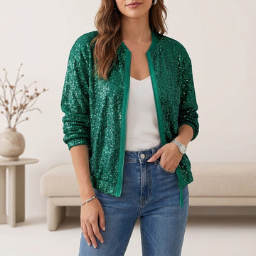 Luxe Shimmer Sequin Zip-Front Statement Bomber Jacket