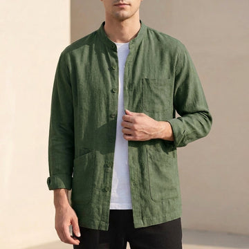 Relaxed Fit Shirt with Band Collar and Patch Pockets